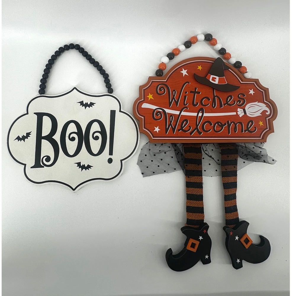 Halloween Wood Sign Set Boo Witches Welcome Beaded Hanging Decor 2pc